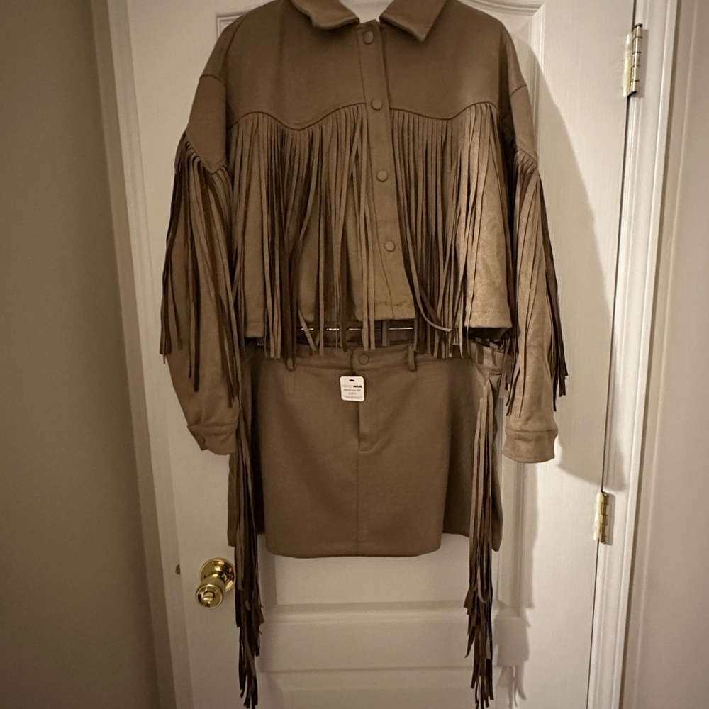 Fringe Faux Suede Taupe BeigeTan Jacket and Skirt Set
